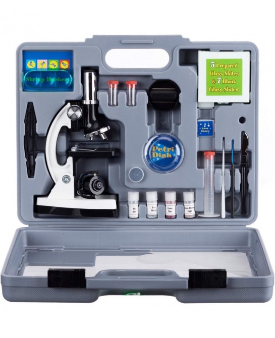 120X-1200X 52-pcs Kids Beginner Microscope STEM Kit with Metal Body Microscope Plastic Slides LED Light and Carrying Box (M30...