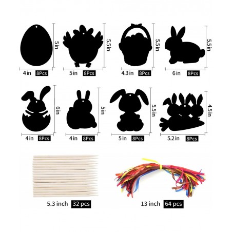 Easter Crafts Kit for Kids- 64Pcs Scratch Art Rainbow Scratch Paper - 8 Shapes Hanging Ornaments Tags Easter Toy for Boys and...