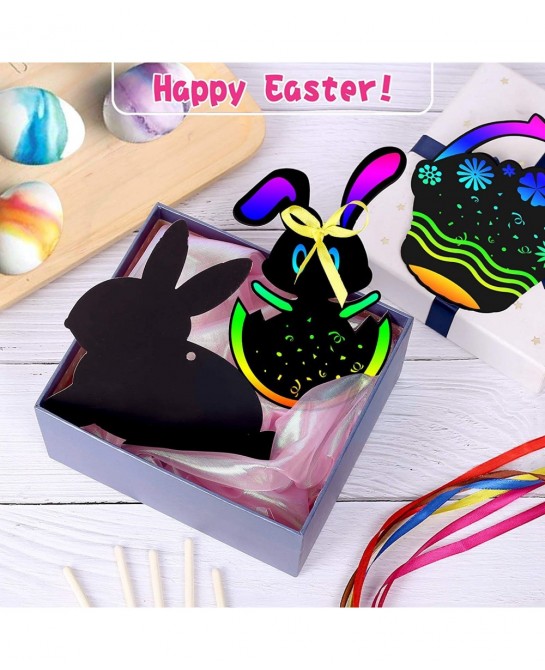 Easter Crafts Kit for Kids- 64Pcs Scratch Art Rainbow Scratch Paper - 8 Shapes Hanging Ornaments Tags Easter Toy for Boys and...