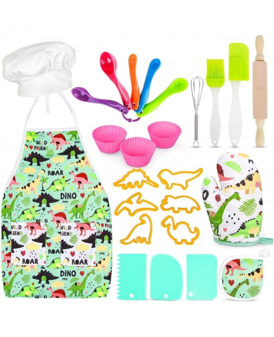 Kids Baking Set with Dinosaur Apron Chef Dress Up Kitchen Role Play Toys for Little Boys Girls 3-8 Years Old (Dinosaur Baking...