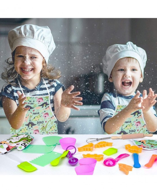 Kids Baking Set with Dinosaur Apron Chef Dress Up Kitchen Role Play Toys for Little Boys Girls 3-8 Years Old (Dinosaur Baking...