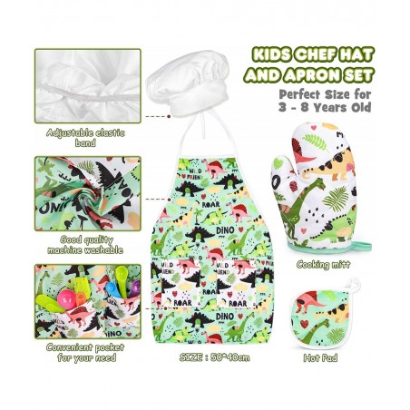 Kids Baking Set with Dinosaur Apron Chef Dress Up Kitchen Role Play Toys for Little Boys Girls 3-8 Years Old (Dinosaur Baking...