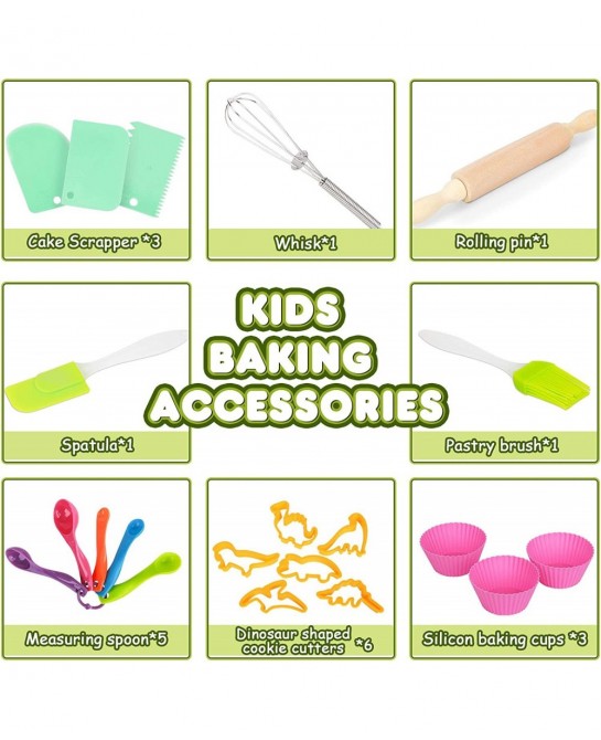 Kids Baking Set with Dinosaur Apron Chef Dress Up Kitchen Role Play Toys for Little Boys Girls 3-8 Years Old (Dinosaur Baking...