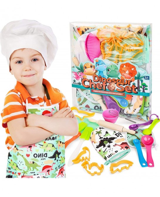 Kids Baking Set with Dinosaur Apron Chef Dress Up Kitchen Role Play Toys for Little Boys Girls 3-8 Years Old (Dinosaur Baking...