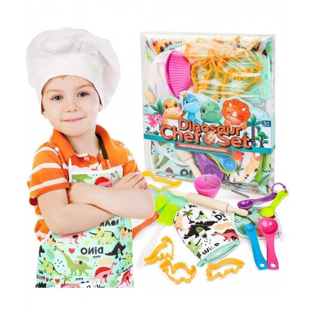 Kids Baking Set with Dinosaur Apron Chef Dress Up Kitchen Role Play Toys for Little Boys Girls 3-8 Years Old (Dinosaur Baking...
