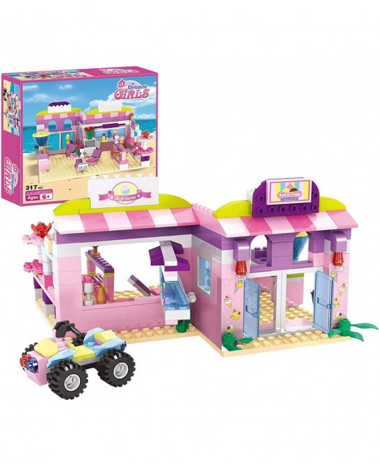 Dream Girls Friends Ice Cream Shop Building Set with 3 Mini People - Pink Seaside Beach Dessert Shop Building Bricks Set for ...