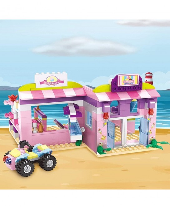 Dream Girls Friends Ice Cream Shop Building Set with 3 Mini People - Pink Seaside Beach Dessert Shop Building Bricks Set for ...