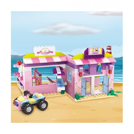 Dream Girls Friends Ice Cream Shop Building Set with 3 Mini People - Pink Seaside Beach Dessert Shop Building Bricks Set for ...