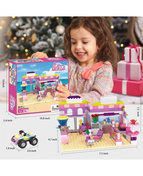 Dream Girls Friends Ice Cream Shop Building Set with 3 Mini People - Pink Seaside Beach Dessert Shop Building Bricks Set for ...