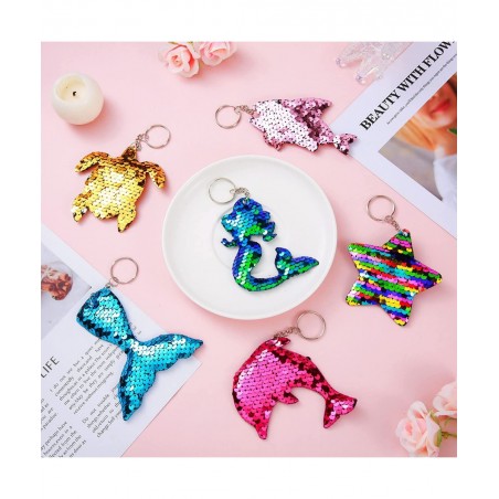 24 Pcs Mermaid Sequin Keychains Ocean Theme Kids Keychains Tropical Rainforest Theme Keychains Reversible Girls Christmas Par...