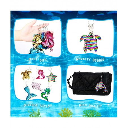 24 Pcs Mermaid Sequin Keychains Ocean Theme Kids Keychains Tropical Rainforest Theme Keychains Reversible Girls Christmas Par...