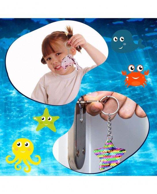 24 Pcs Mermaid Sequin Keychains Ocean Theme Kids Keychains Tropical Rainforest Theme Keychains Reversible Girls Christmas Par...