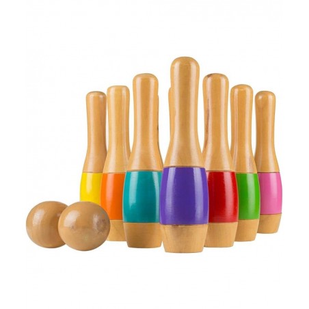 Lawn Bowling Game/Skittle Ball- Indoor and Outdoor Fun for Toddlers Kids Adults –10 Wooden Pins 2 Balls and Mesh Bag Set (9.5...