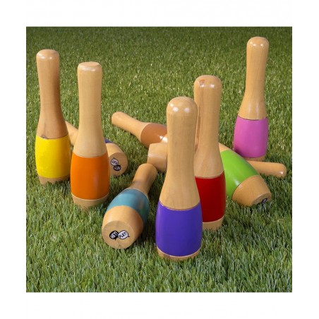Lawn Bowling Game/Skittle Ball- Indoor and Outdoor Fun for Toddlers Kids Adults –10 Wooden Pins 2 Balls and Mesh Bag Set (9.5...