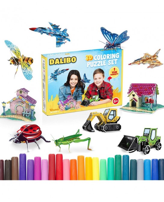 3D Coloring Puzzle Set - Arts and Crafts Set with 10 Cool Models 36 Coloring Pens - Fun & Educational Learning Activity Kit f...