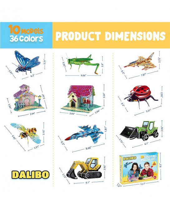 3D Coloring Puzzle Set - Arts and Crafts Set with 10 Cool Models 36 Coloring Pens - Fun & Educational Learning Activity Kit f...