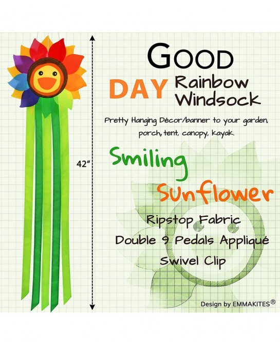 42-inch Smiling Sunflower Rainbow Windsock + 32-inch Rainbow Fish Windsock $42.98 Kites & Wind Spinners