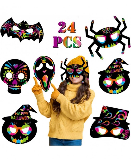 24 Pack Magic Scratch Paper Art Masks Set for Kids Rainbow Painting DIY Crafts Black Supplies Coloring Kits for Halloween Bir...