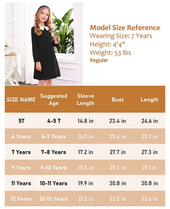 Girls Long Sleeve Vintage Peter Pan Collar T-Shirt Dress Age 4-13 Years $40.24 Kids' Costumes