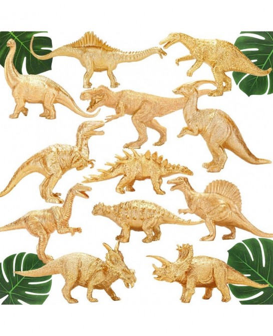 Metallic Gold Plastic Dinosaurs Figurine Toys 12PCS Jumbo Golden Dinosaur Figures for Boys Girls Baby Shower Bridal Shower De...
