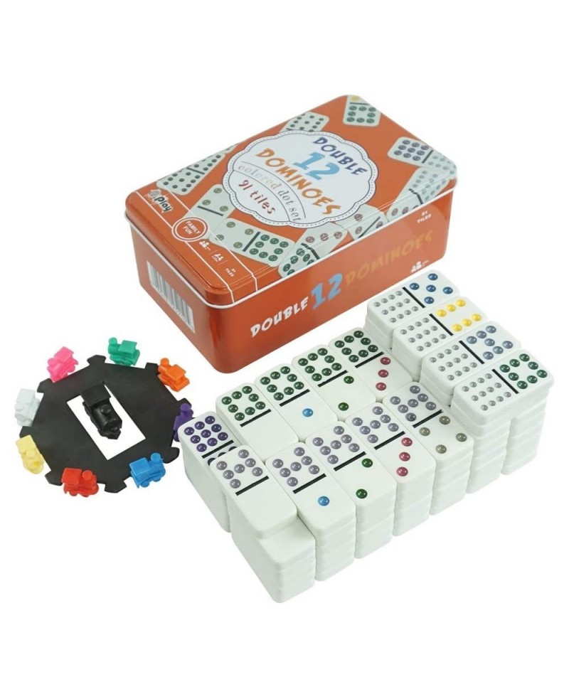 Double 12 Dominoes Set - Classic Colored Dot Set - Mexcian Train Game with Plastic Pieces 91 Tiles and Durable in Tin Case fo...