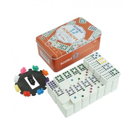 Double 12 Dominoes Set - Classic Colored Dot Set - Mexcian Train Game with Plastic Pieces 91 Tiles and Durable in Tin Case fo...