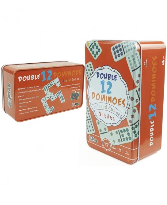 Double 12 Dominoes Set - Classic Colored Dot Set - Mexcian Train Game with Plastic Pieces 91 Tiles and Durable in Tin Case fo...