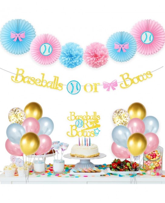 Baseball or Bows Gender Reveal Decorations Baseball or Bows Gender Reveal Banner Cake Topper for Boy or Girl Blue or Pink Bab...