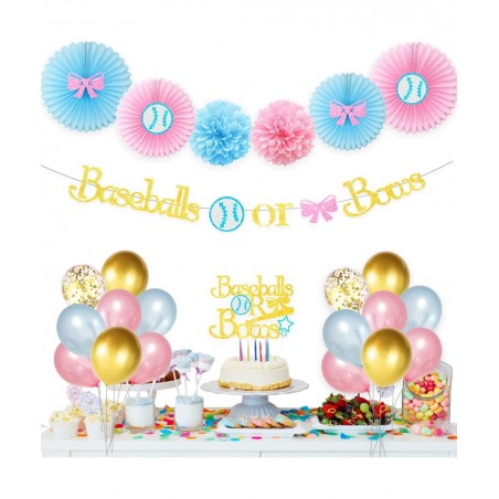 Baseball or Bows Gender Reveal Decorations Baseball or Bows Gender Reveal Banner Cake Topper for Boy or Girl Blue or Pink Bab...