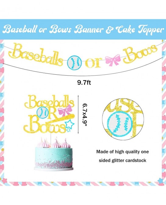 Baseball or Bows Gender Reveal Decorations Baseball or Bows Gender Reveal Banner Cake Topper for Boy or Girl Blue or Pink Bab...