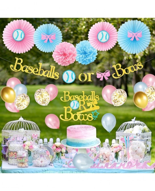 Baseball or Bows Gender Reveal Decorations Baseball or Bows Gender Reveal Banner Cake Topper for Boy or Girl Blue or Pink Bab...