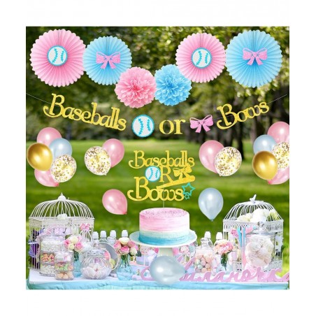 Baseball or Bows Gender Reveal Decorations Baseball or Bows Gender Reveal Banner Cake Topper for Boy or Girl Blue or Pink Bab...