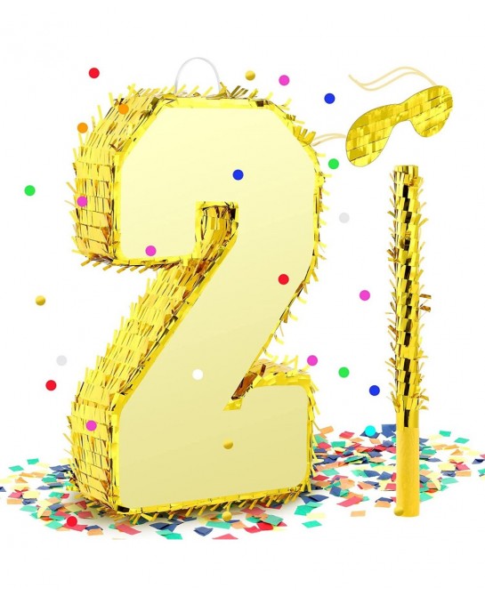 Gold Foil Number Pinata Small Kids Birthday Party Pinata with Gold Blindfold 15.75 Inches Stick and Confetti for Birthday Par...