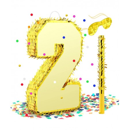 Gold Foil Number Pinata Small Kids Birthday Party Pinata with Gold Blindfold 15.75 Inches Stick and Confetti for Birthday Par...