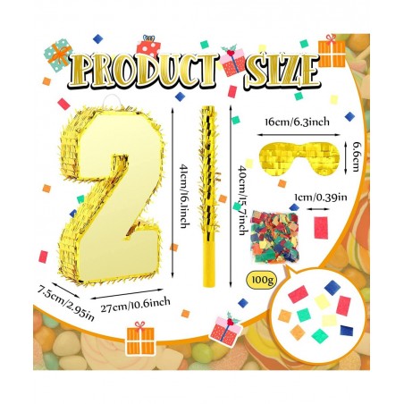 Gold Foil Number Pinata Small Kids Birthday Party Pinata with Gold Blindfold 15.75 Inches Stick and Confetti for Birthday Par...
