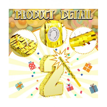 Gold Foil Number Pinata Small Kids Birthday Party Pinata with Gold Blindfold 15.75 Inches Stick and Confetti for Birthday Par...