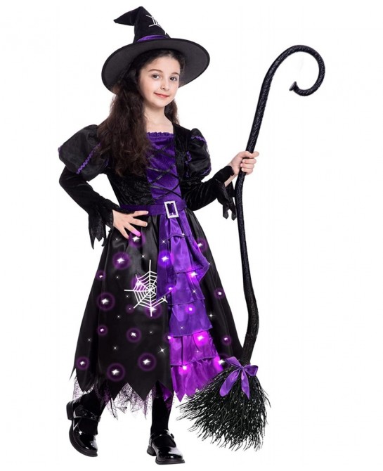 Witch Halloween Costumes for Girls Toddler Light Up Witch Dress with Witch Broom and Hat Kids Witch Costume Glow in the Dark ...