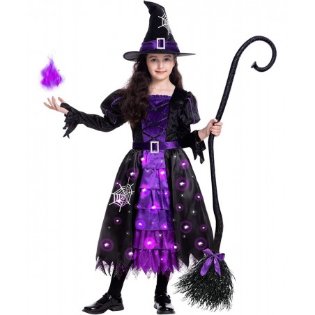 Witch Halloween Costumes for Girls Toddler Light Up Witch Dress with Witch Broom and Hat Kids Witch Costume Glow in the Dark ...