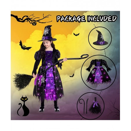 Witch Halloween Costumes for Girls Toddler Light Up Witch Dress with Witch Broom and Hat Kids Witch Costume Glow in the Dark ...
