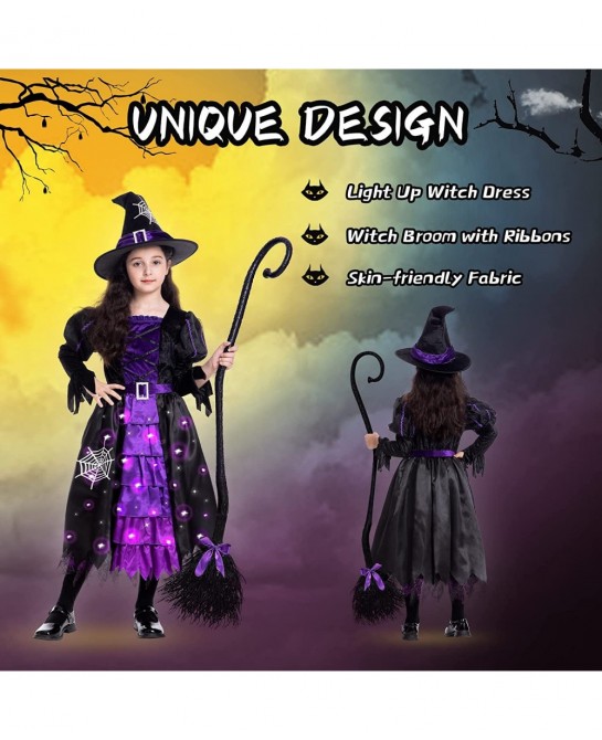 Witch Halloween Costumes for Girls Toddler Light Up Witch Dress with Witch Broom and Hat Kids Witch Costume Glow in the Dark ...