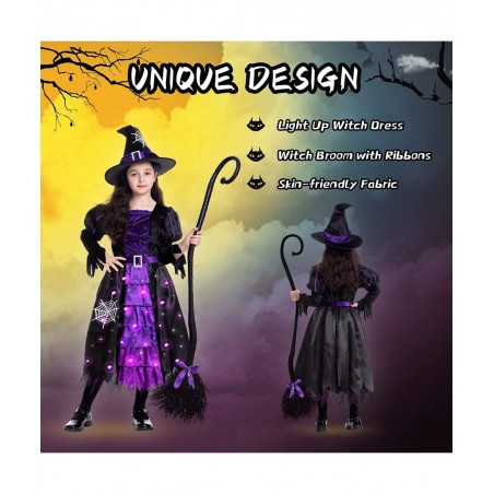 Witch Halloween Costumes for Girls Toddler Light Up Witch Dress with Witch Broom and Hat Kids Witch Costume Glow in the Dark ...