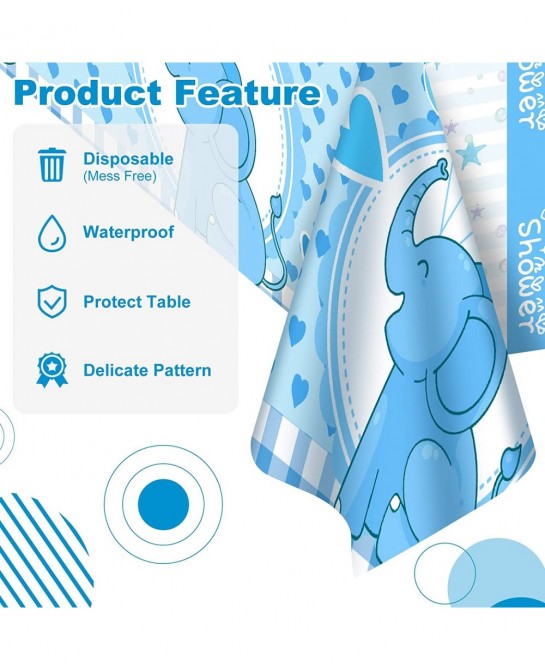 Baby Shower Tablecloth 60 x 86.6 Inch Cute Blue Elephant Table Cover Decoration for Kids Birthday Party Plastic Table Cover D...