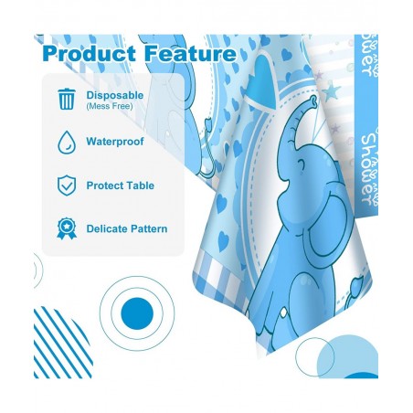 Baby Shower Tablecloth 60 x 86.6 Inch Cute Blue Elephant Table Cover Decoration for Kids Birthday Party Plastic Table Cover D...