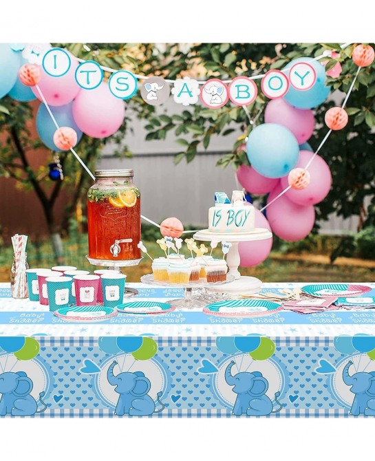 Baby Shower Tablecloth 60 x 86.6 Inch Cute Blue Elephant Table Cover Decoration for Kids Birthday Party Plastic Table Cover D...