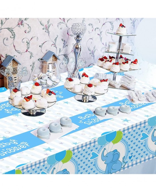 Baby Shower Tablecloth 60 x 86.6 Inch Cute Blue Elephant Table Cover Decoration for Kids Birthday Party Plastic Table Cover D...