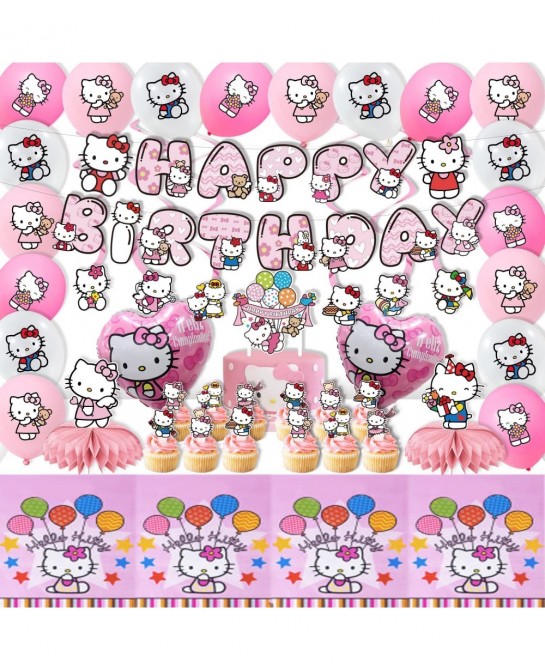 Pink Cartoon Cat Birthday Party Decorations 56 PCS Cute Kitten Party Supplies Include Banner Cake Toppers Balloons Tablecloth...