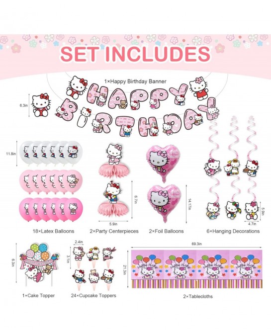 Pink Cartoon Cat Birthday Party Decorations 56 PCS Cute Kitten Party Supplies Include Banner Cake Toppers Balloons Tablecloth...