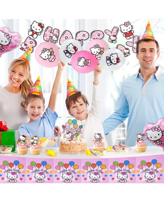 Pink Cartoon Cat Birthday Party Decorations 56 PCS Cute Kitten Party Supplies Include Banner Cake Toppers Balloons Tablecloth...