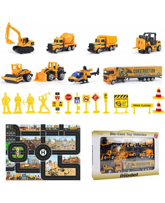Small Diecast Construction Vehicle Toy Truck w/ Play Mat Road Signs - 23 Pcs Mini Forklift Bulldozer Excavator Mixer Dump Tru...