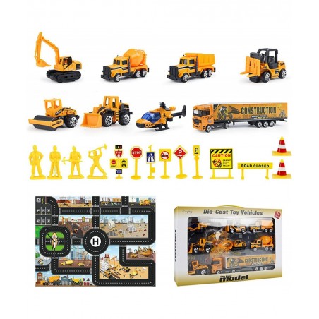 Small Diecast Construction Vehicle Toy Truck w/ Play Mat Road Signs - 23 Pcs Mini Forklift Bulldozer Excavator Mixer Dump Tru...